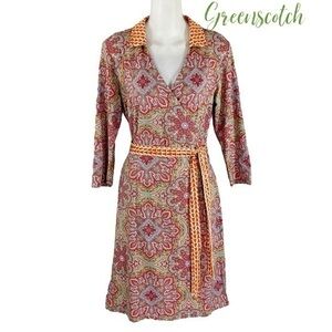 J. McLaughlin orange red yellow multi medallion printed traditional wrap dress S